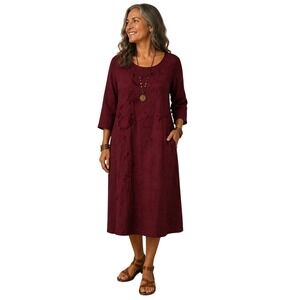 Womens Burgundy Linen Gauze Dress Large Floral Bird Embroidery Boho Lagenlook
